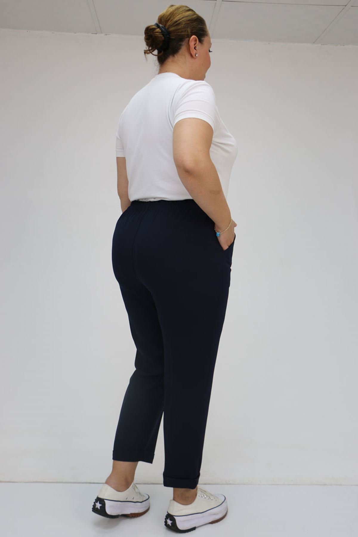 59009 Büyük Beden Beli Lastikli Duble Paça Pantolon - Lacivert