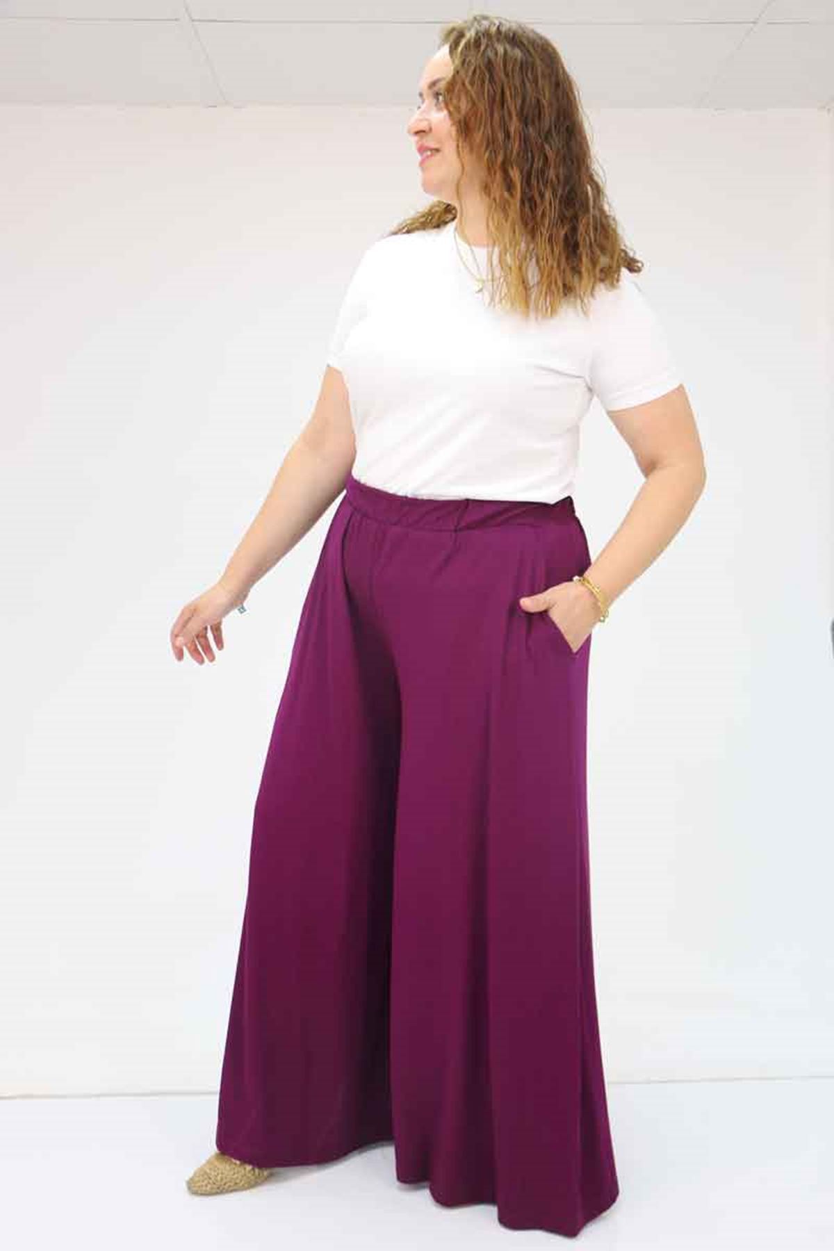 49003 Büyük Beden Beli Lastikli Penye Etek Pantolon - Mürdüm