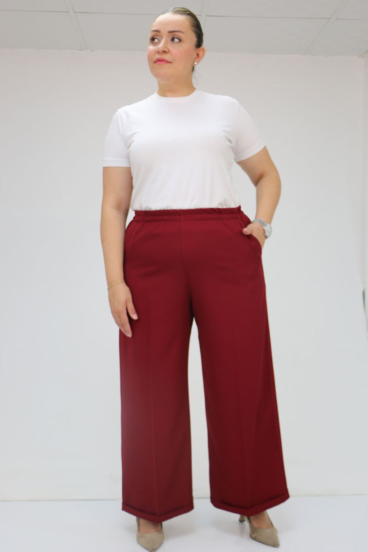 59008 Büyük Beden Beli Lastikli Duble Paça Pantolon - Bordo