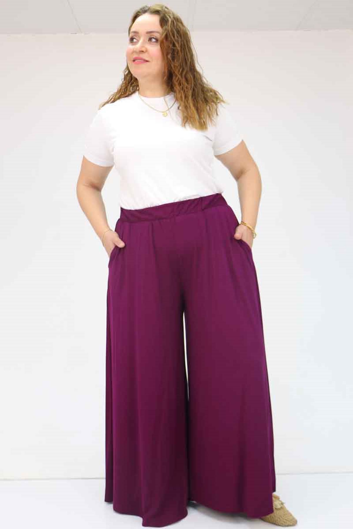 49003 Büyük Beden Beli Lastikli Penye Etek Pantolon - Mürdüm