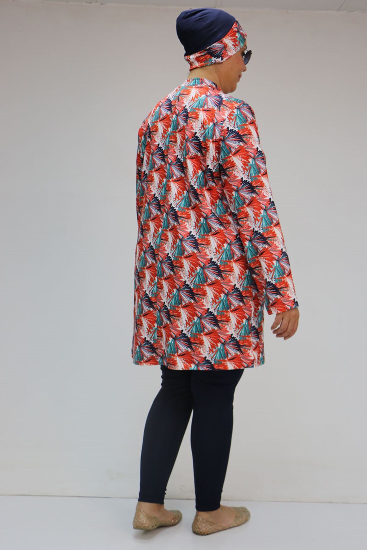 1727 Büyük Beden Uzunkol Tesettür Mayo Takım - Yaprak Desen Oranj