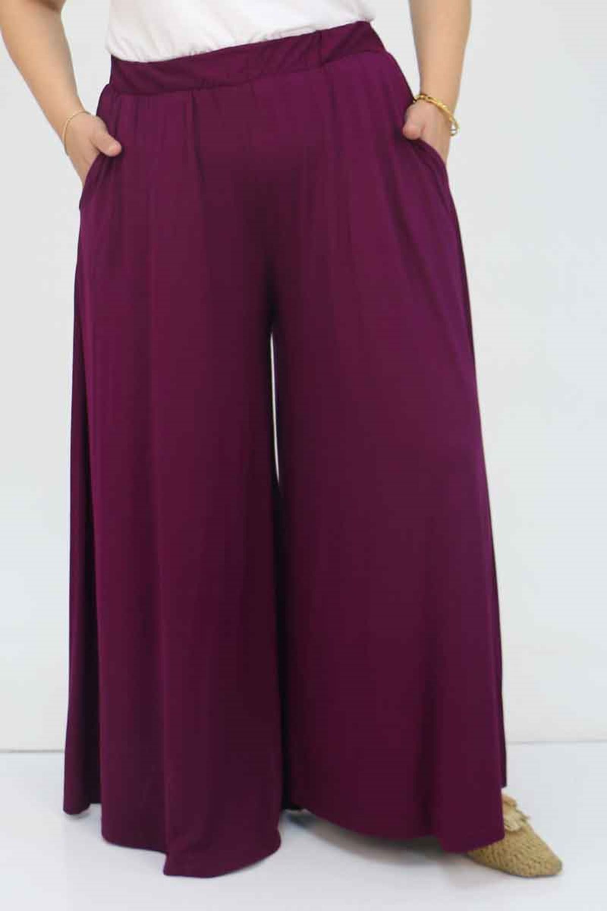 49003 Büyük Beden Beli Lastikli Penye Etek Pantolon - Mürdüm