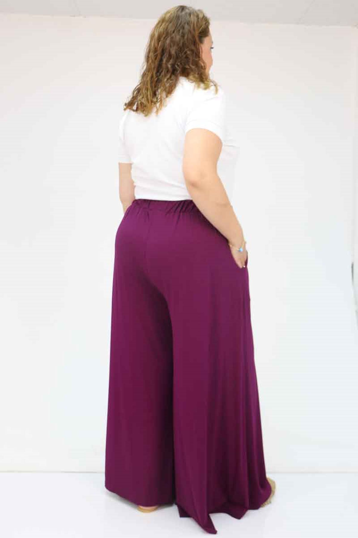 49003 Büyük Beden Beli Lastikli Penye Etek Pantolon - Mürdüm