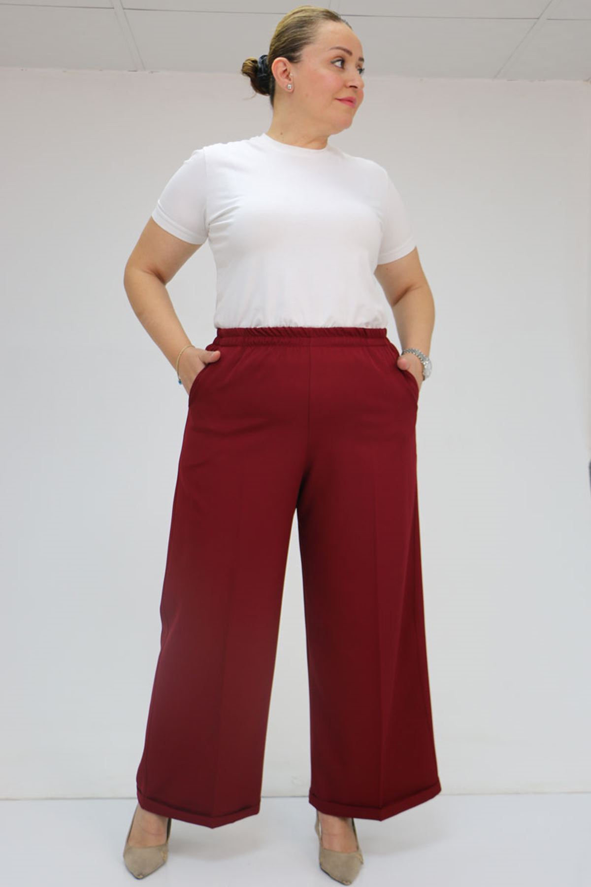 59008 Büyük Beden Beli Lastikli Duble Paça Pantolon - Bordo