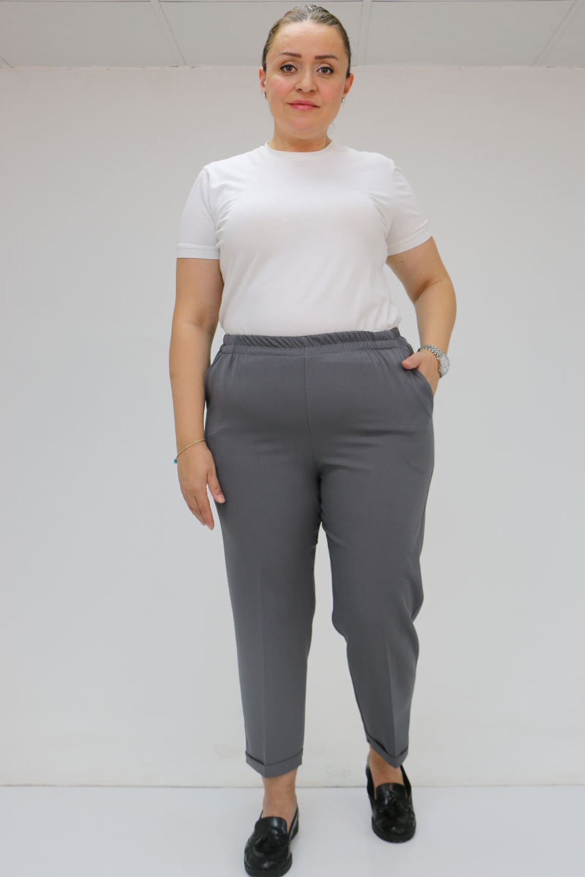 59009 Büyük Beden Beli Lastikli Duble Paça Pantolon - Antrasit