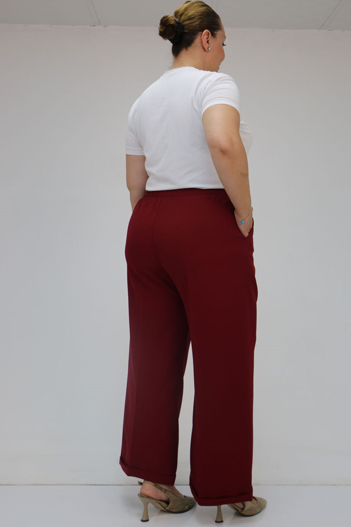 59008 Büyük Beden Beli Lastikli Duble Paça Pantolon - Bordo