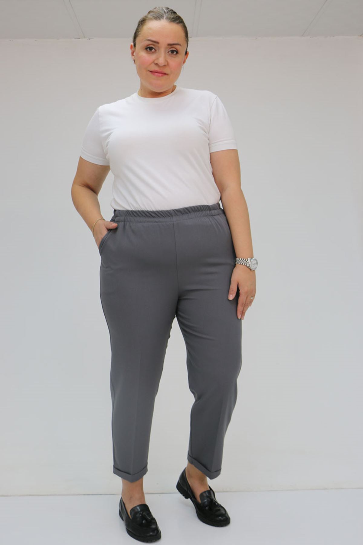 59009 Büyük Beden Beli Lastikli Duble Paça Pantolon - Antrasit