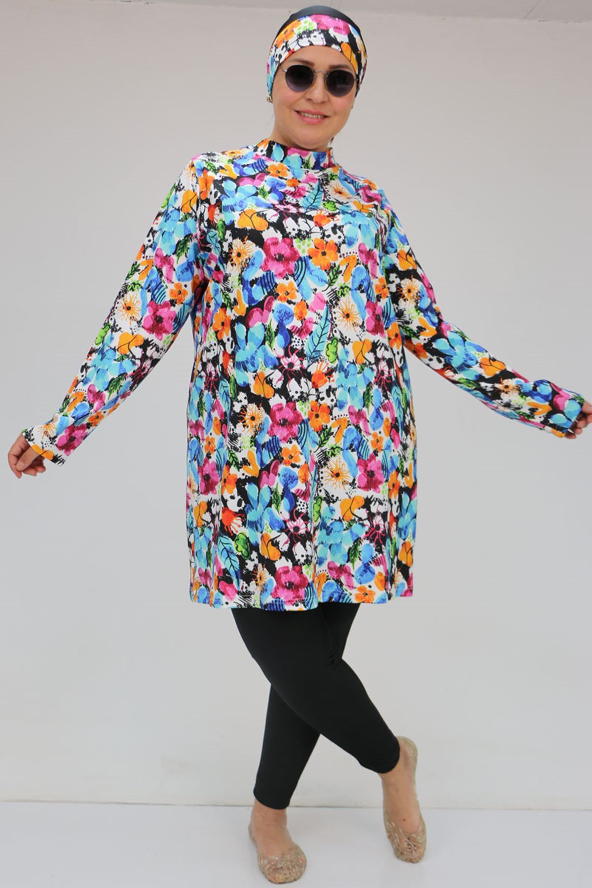 1727 Büyük Beden Uzunkol Tesettür Mayo Takım - Karışık Desen Mavi