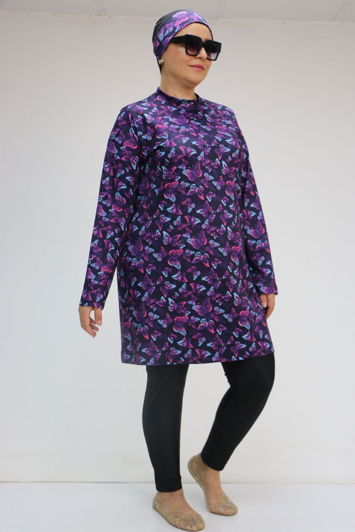 1727 Büyük Beden Uzunkol Tesettür Mayo Takım - Kelebek Desen Mor