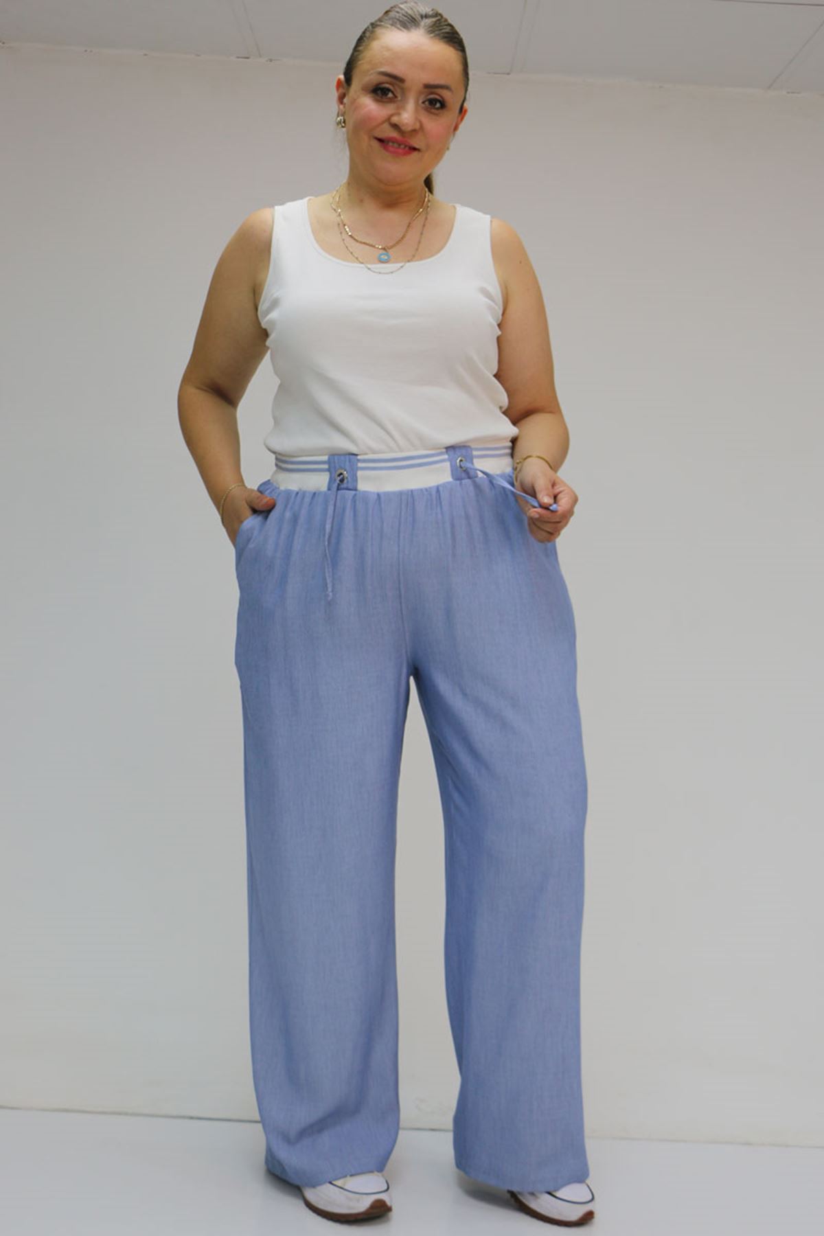 59007 Büyük Beden Kemeri Ribana Detaylı Xons Kot Pantolon - Mavi