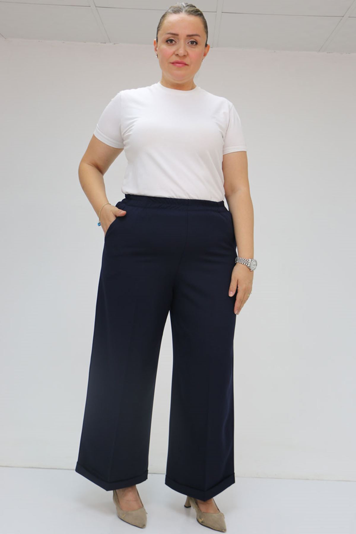 59008 Büyük Beden Beli Lastikli Duble Paça Pantolon - Lacivert