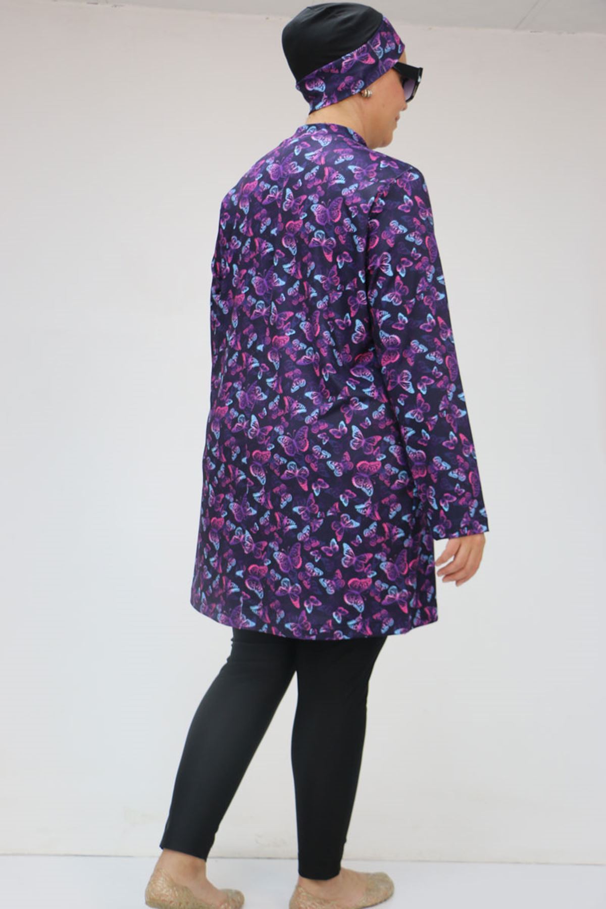 1727 Büyük Beden Uzunkol Tesettür Mayo Takım - Kelebek Desen Mor