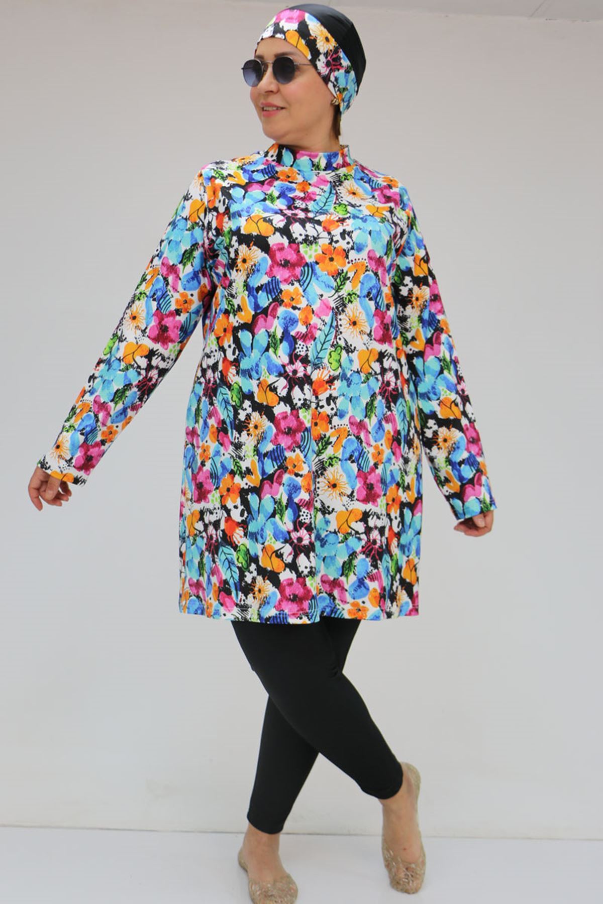 1727 Büyük Beden Uzunkol Tesettür Mayo Takım - Karışık Desen Mavi