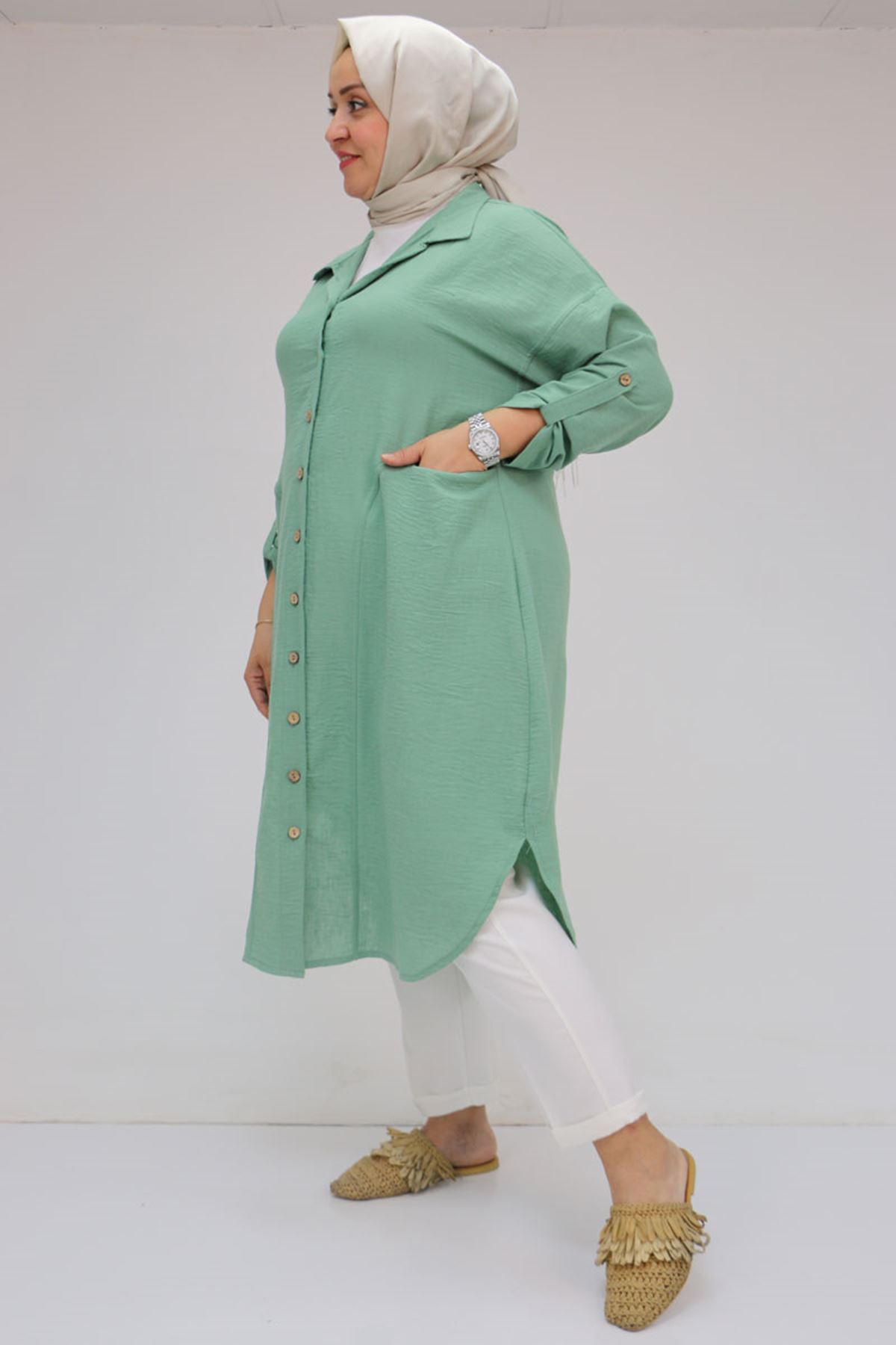 58071 Büyük Beden Önleri Torba Cepli Müslin Gömlek - Nefti