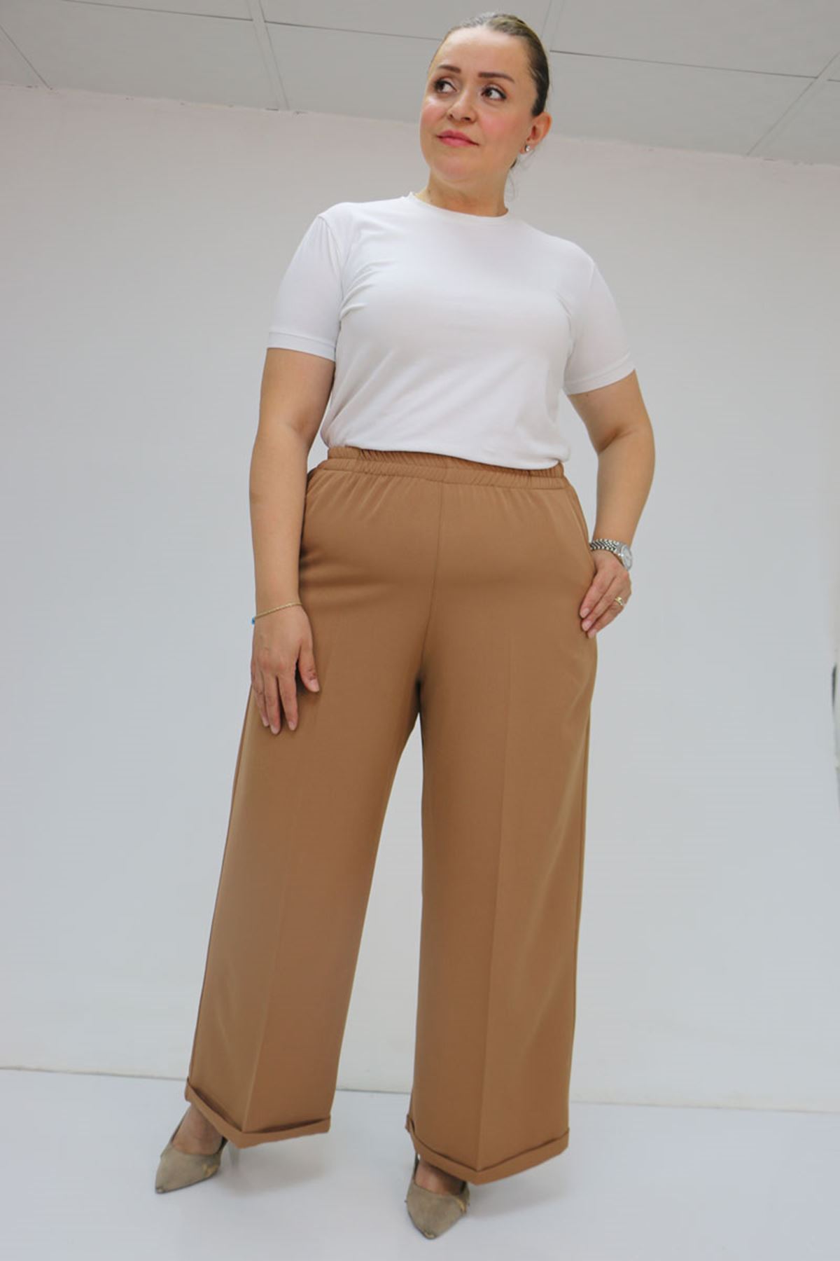 59008 Büyük Beden Beli Lastikli Duble Paça Pantolon - Taba