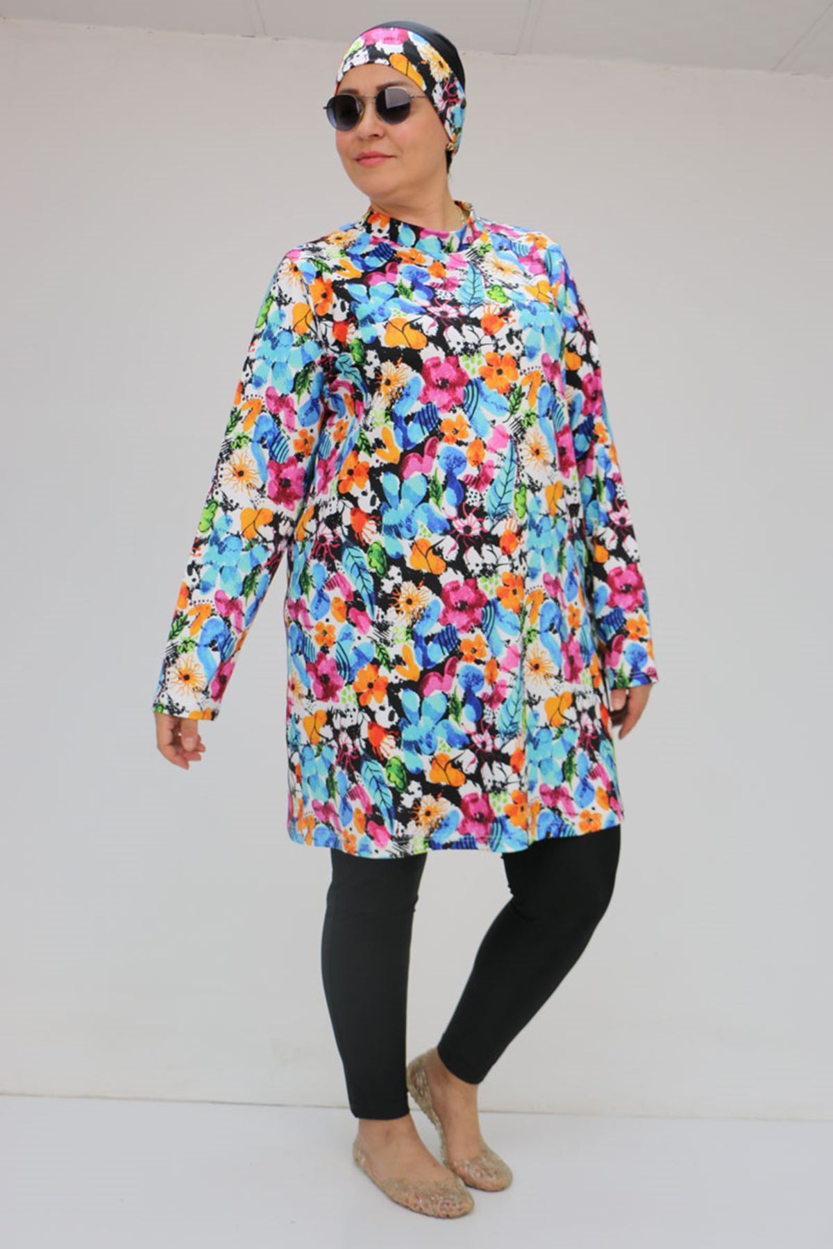 1727 Büyük Beden Uzunkol Tesettür Mayo Takım - Karışık Desen Mavi