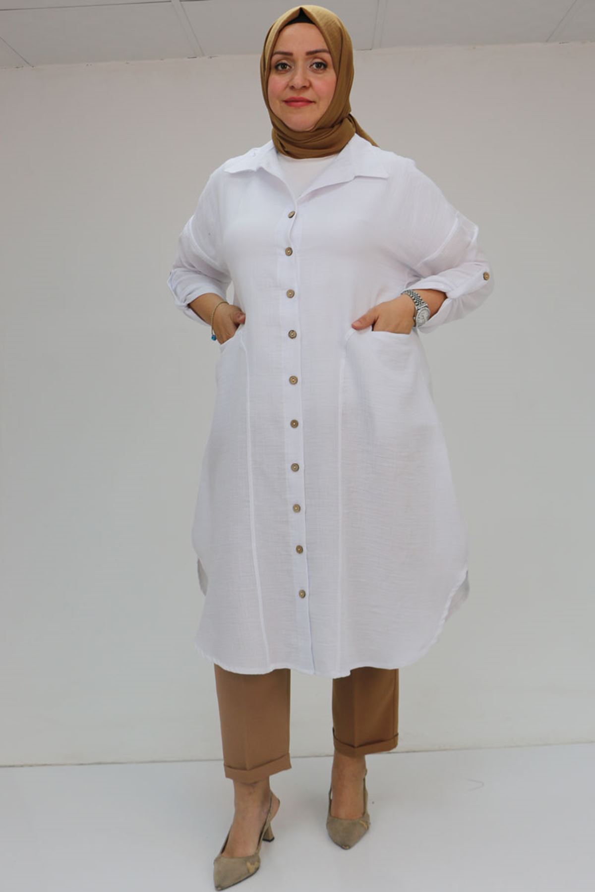 58071-1 Büyük Beden Önleri Torba Cepli Müslin Gömlek - Ekru