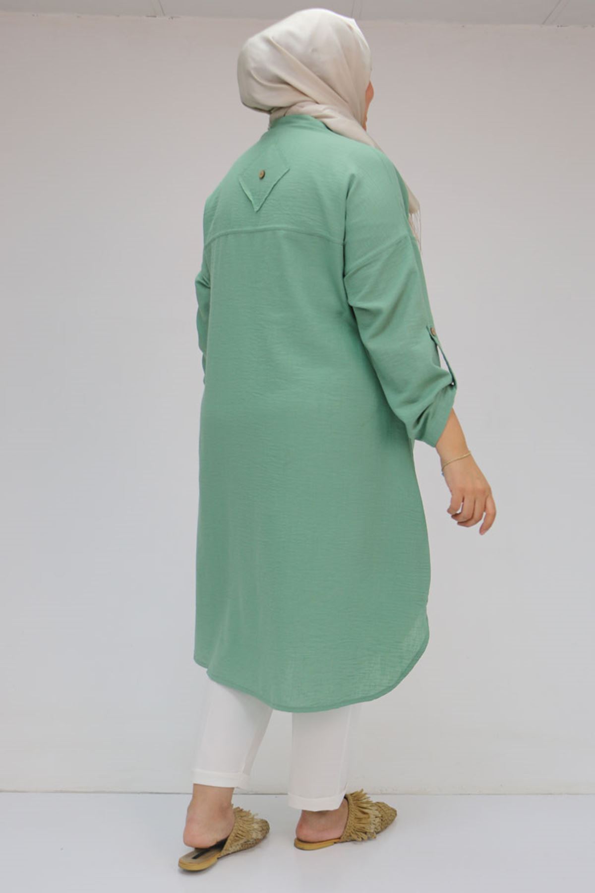 58071 Büyük Beden Önleri Torba Cepli Müslin Gömlek - Nefti