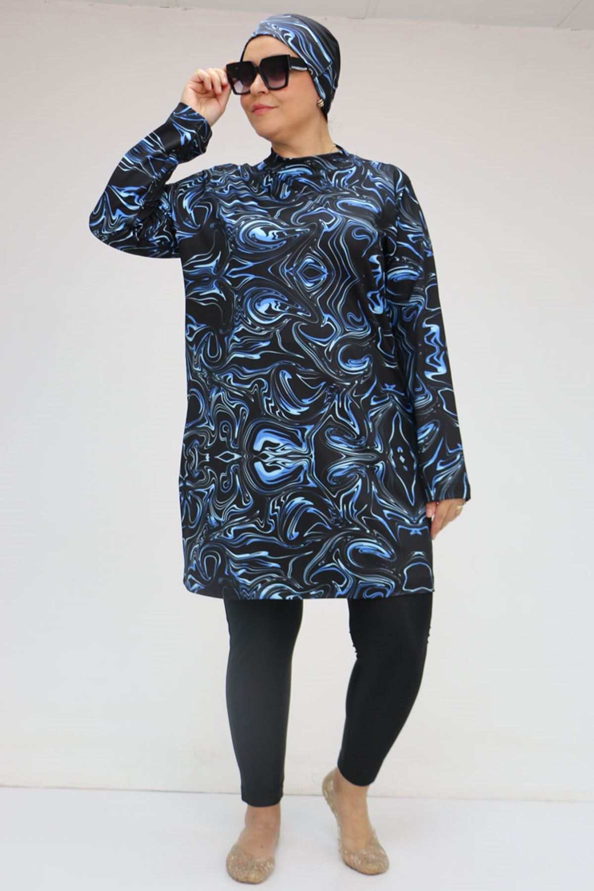 1727 Büyük Beden Uzun Kol Taytlı Tesettür Mayo Takım -  Aqua Mavi