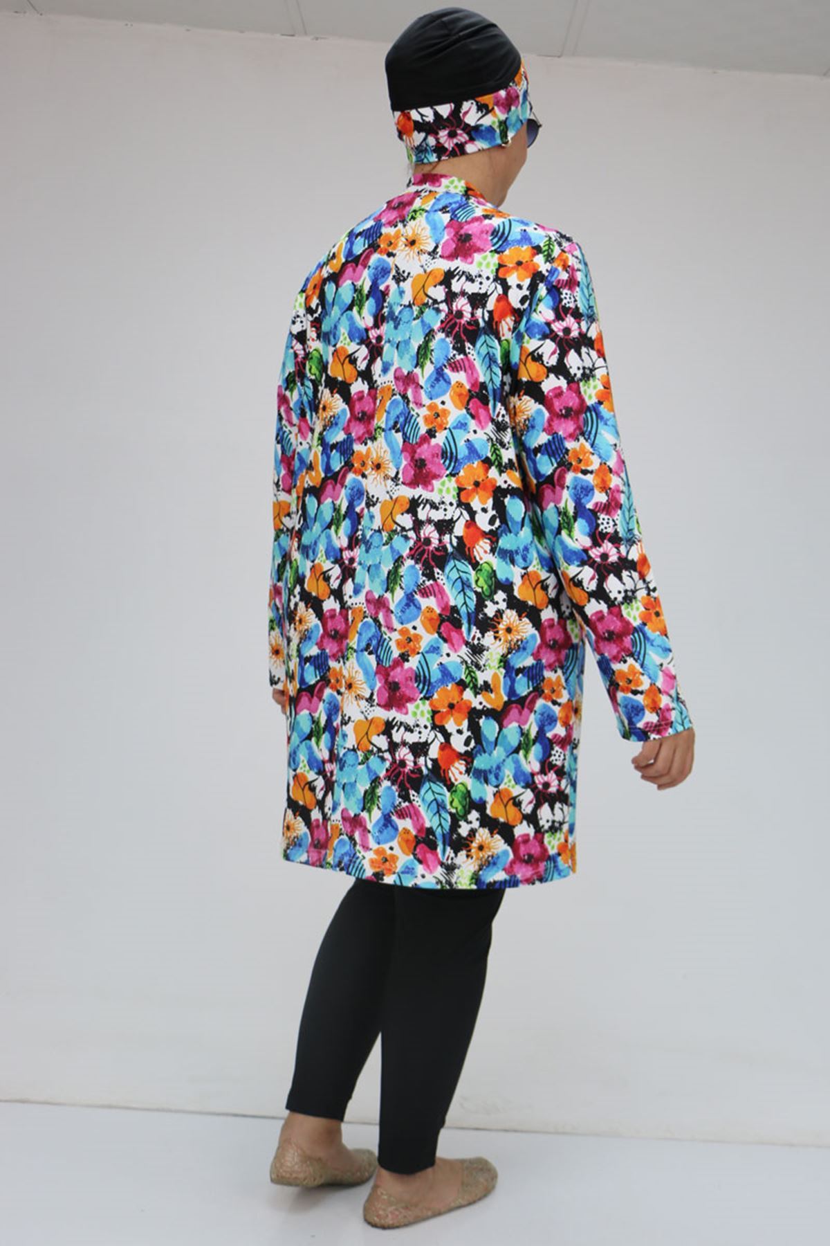 1727 Büyük Beden Uzunkol Tesettür Mayo Takım - Karışık Desen Mavi