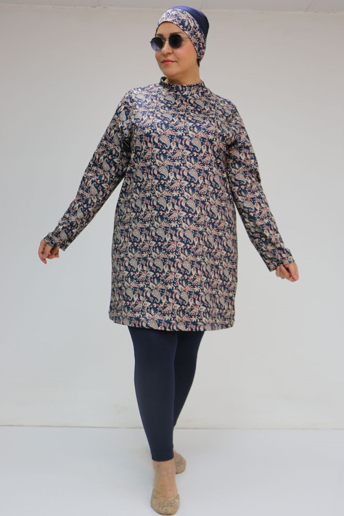 1727 Büyük Beden Uzunkol Tesettür Mayo Takım - Etnik Desen Lacivert