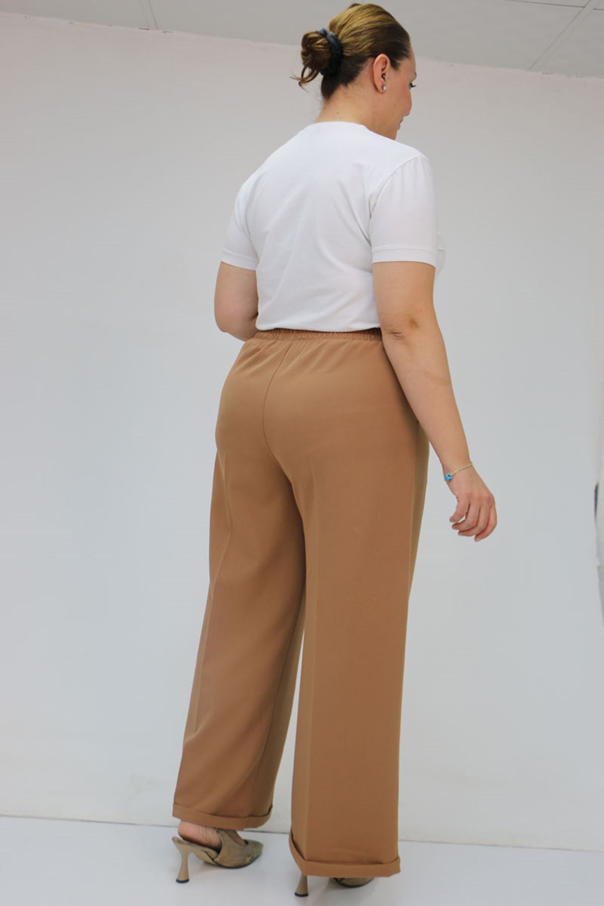 59008 Büyük Beden Beli Lastikli Duble Paça Pantolon - Taba