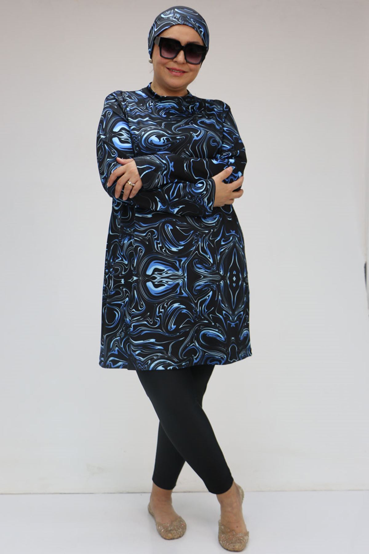 1727 Büyük Beden Uzun Kol Taytlı Tesettür Mayo Takım -  Aqua Mavi