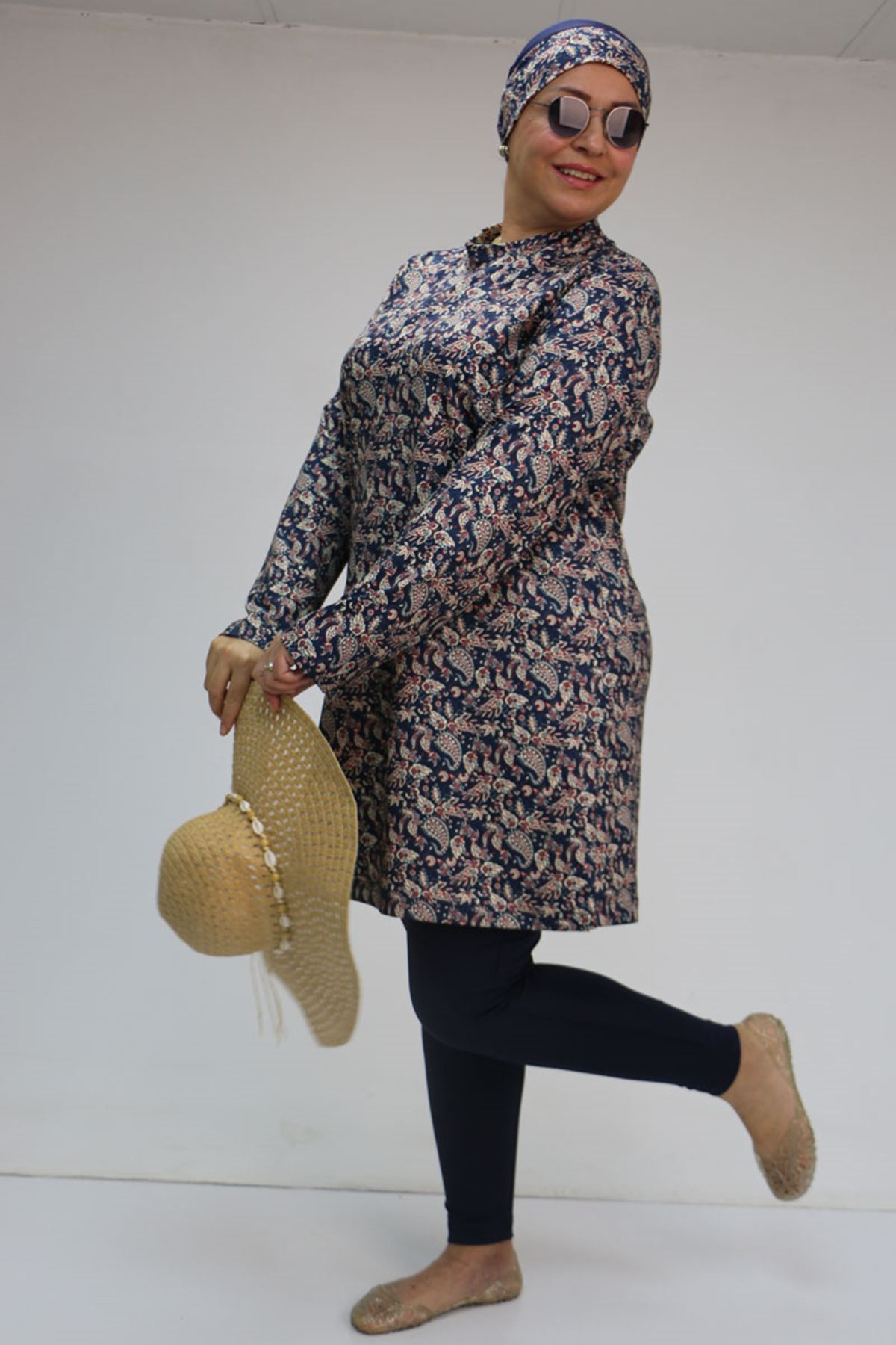 1727 Büyük Beden Uzunkol Tesettür Mayo Takım - Etnik Desen Lacivert