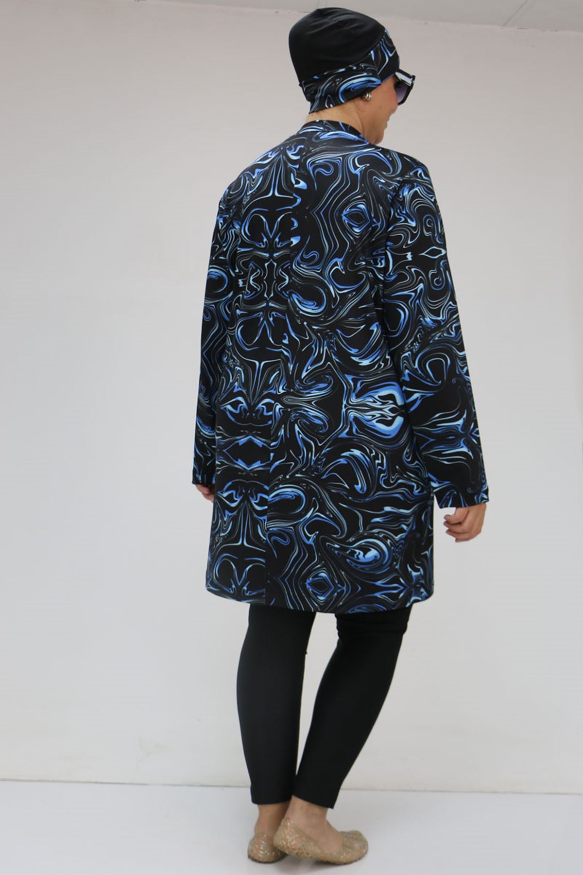 1727 Büyük Beden Uzun Kol Taytlı Tesettür Mayo Takım -  Aqua Mavi