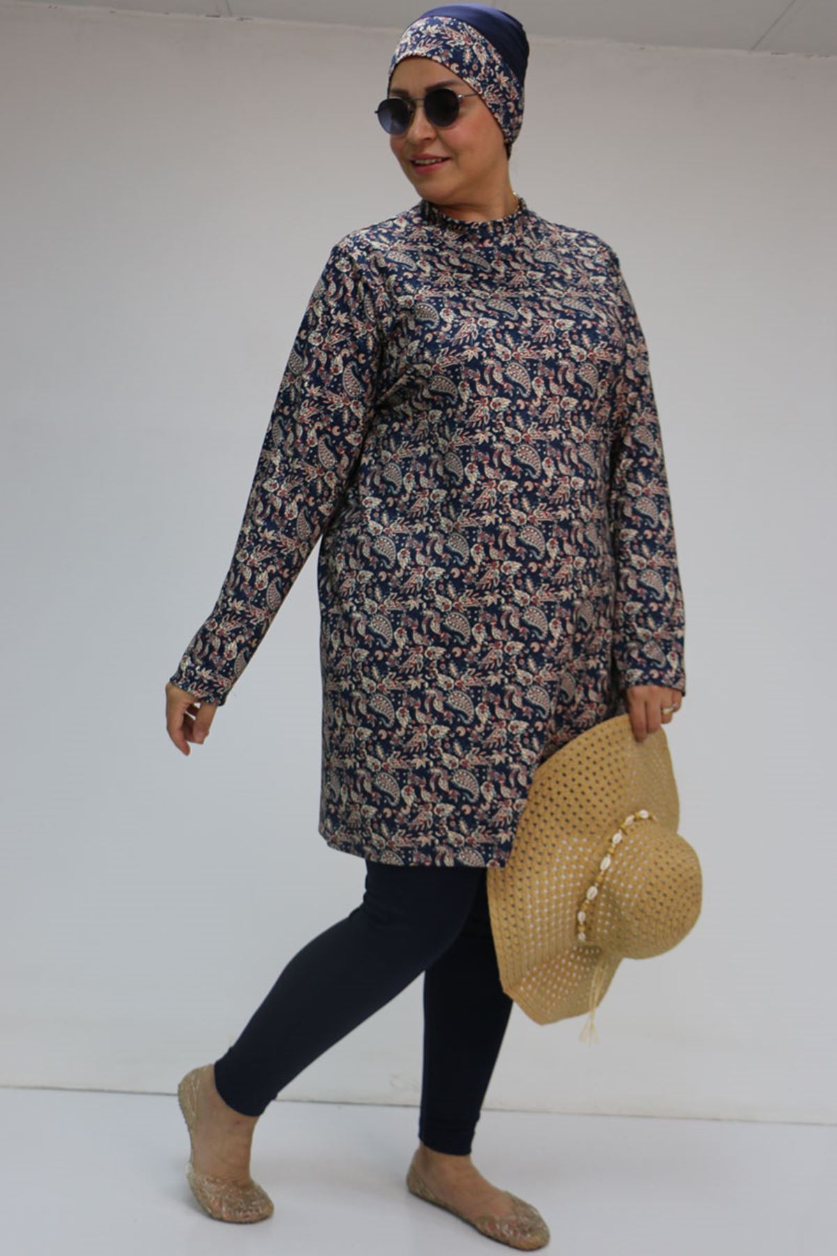 1727 Büyük Beden Uzunkol Tesettür Mayo Takım - Etnik Desen Lacivert