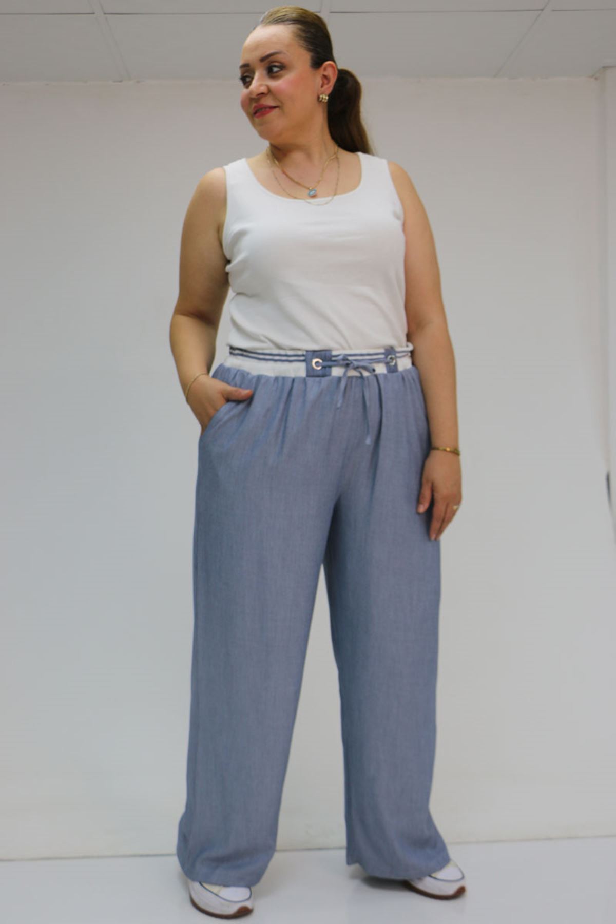 59007 Büyük Beden Kemeri Ribana Detaylı Xons Kot Pantolon - Lacivert