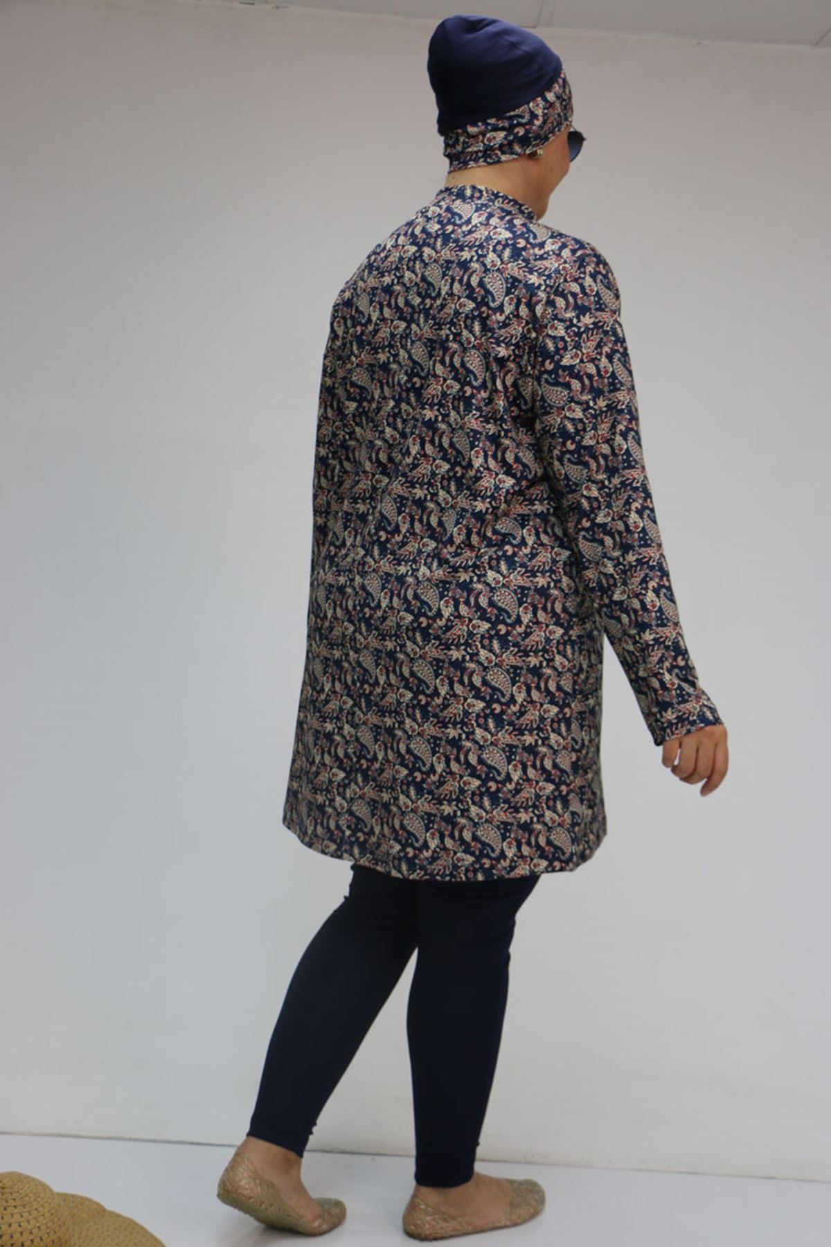 1727 Büyük Beden Uzunkol Tesettür Mayo Takım - Etnik Desen Lacivert