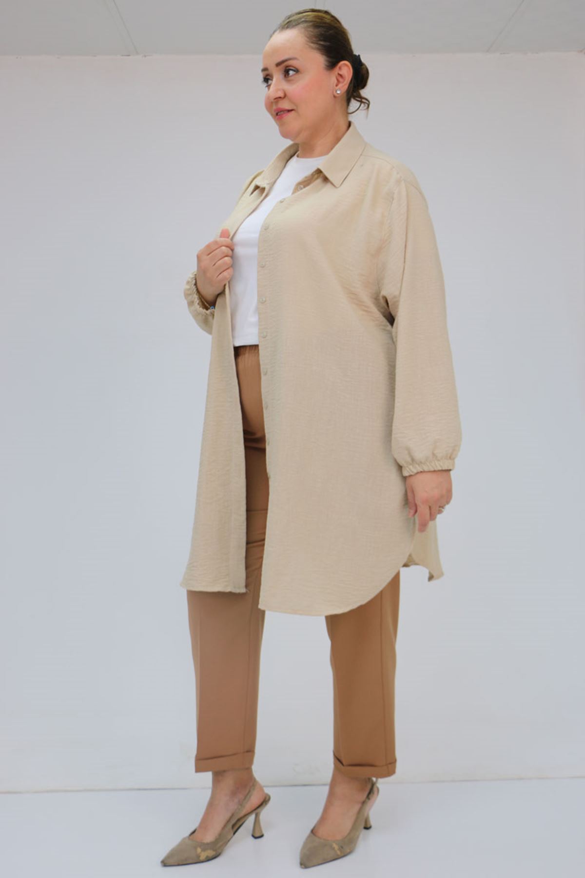 59009 Büyük Beden Beli Lastikli Duble Paça Pantolon - Taba