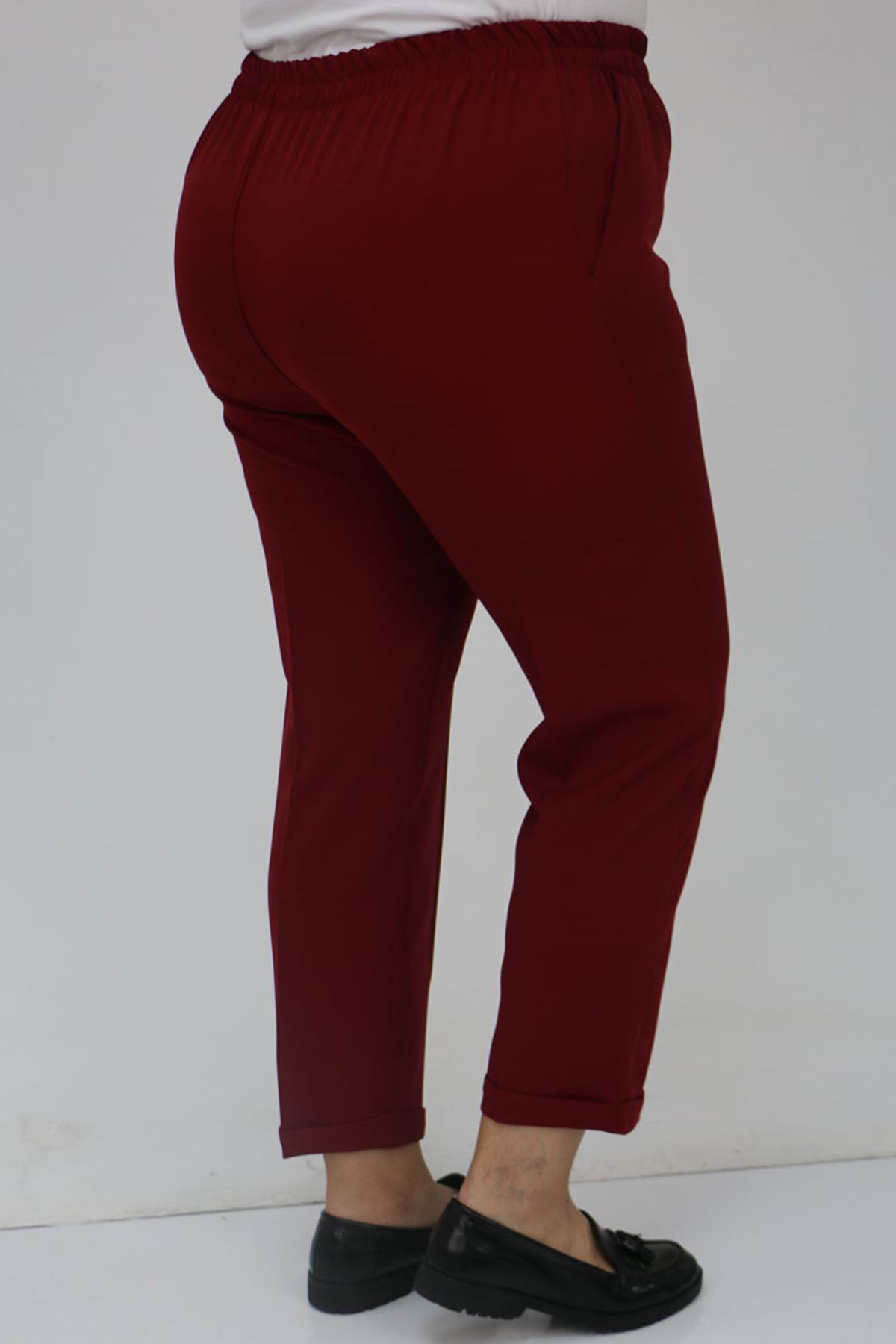 59009 Büyük Beden Beli Lastikli Duble Paça Pantolon - Bordo