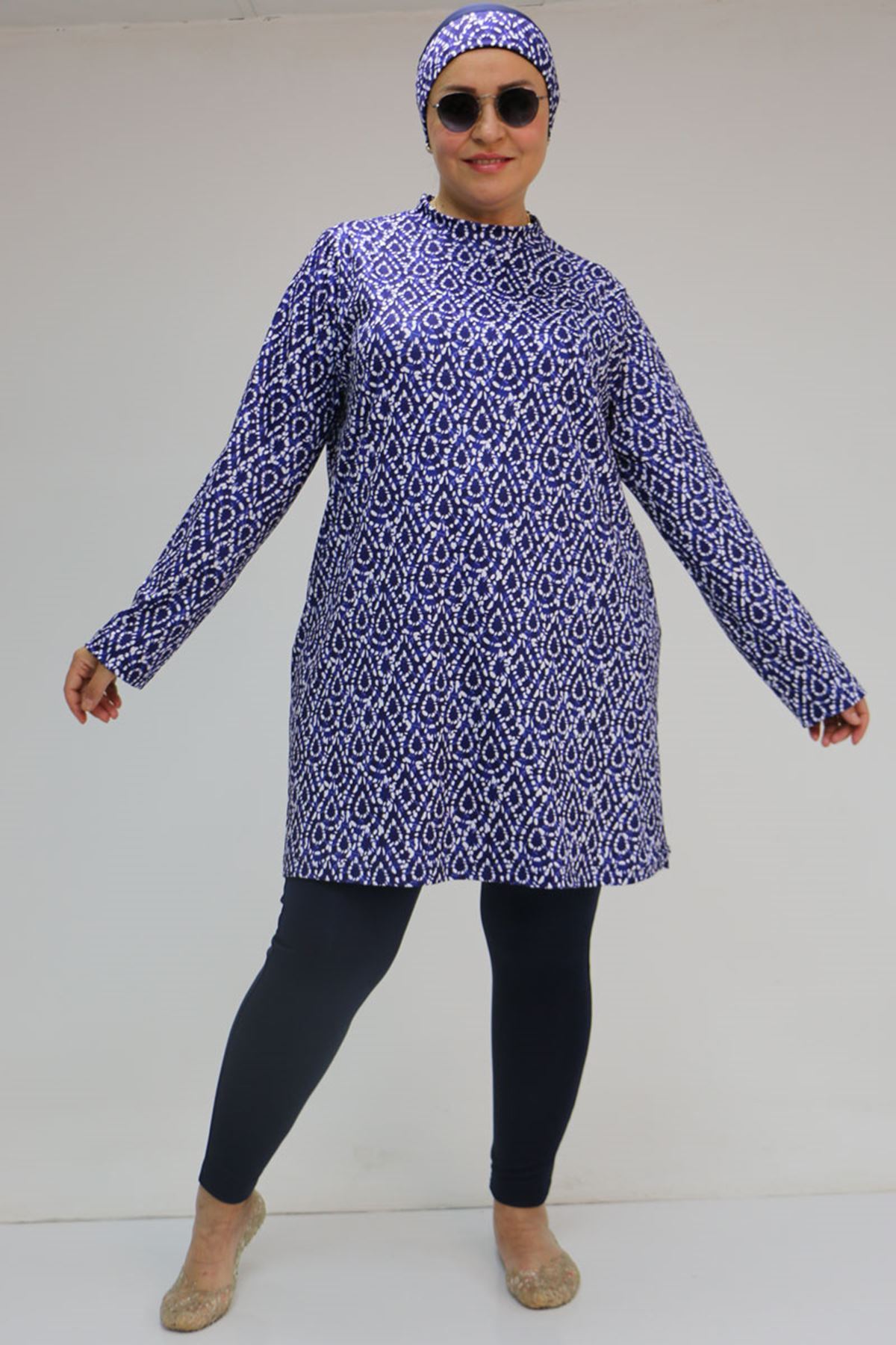 1727 Büyük Beden Uzunkol Tesettür Mayo Takım - Damla Desen Saks