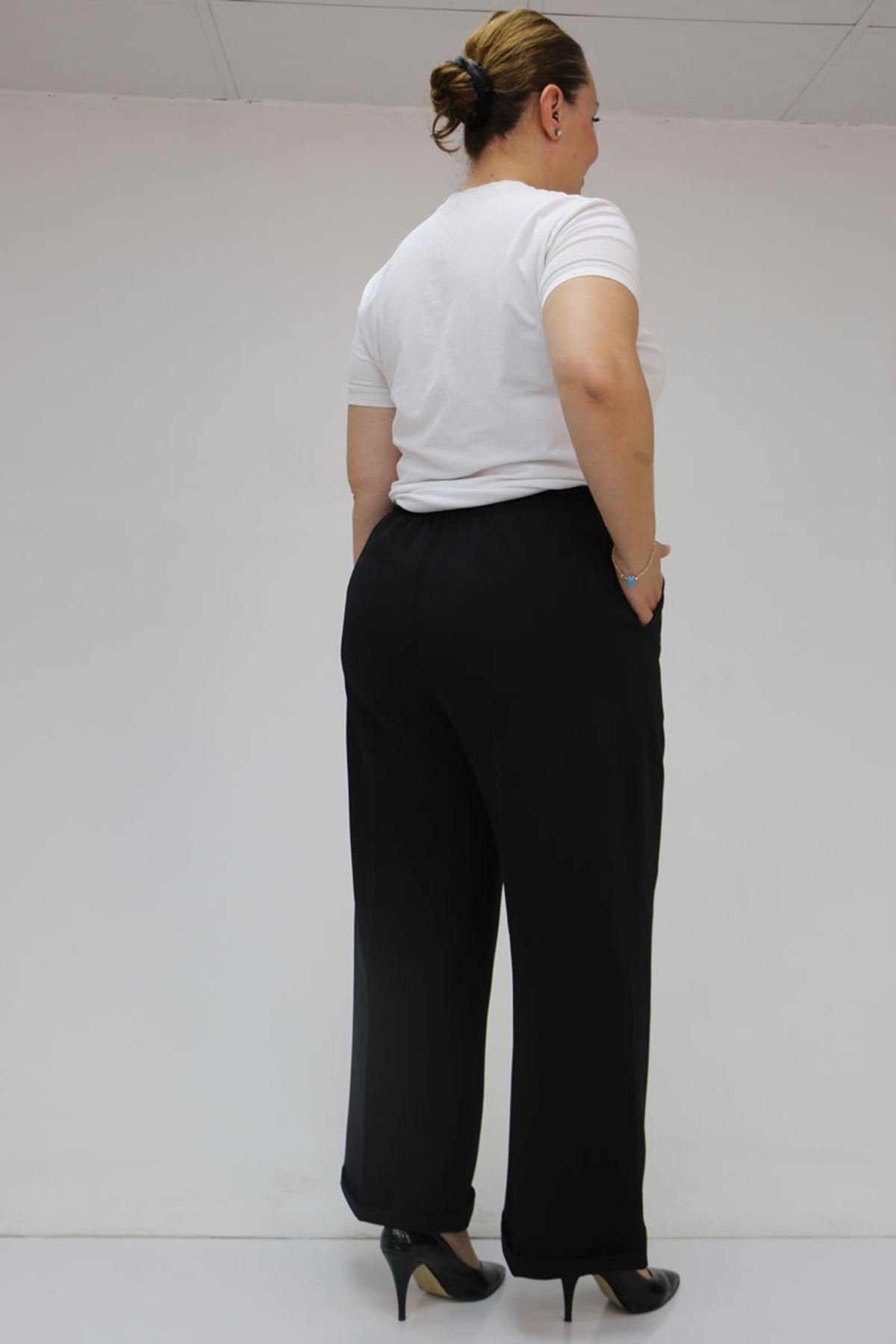 59008 Büyük Beden Beli Lastikli Duble Paça Pantolon - Siyah