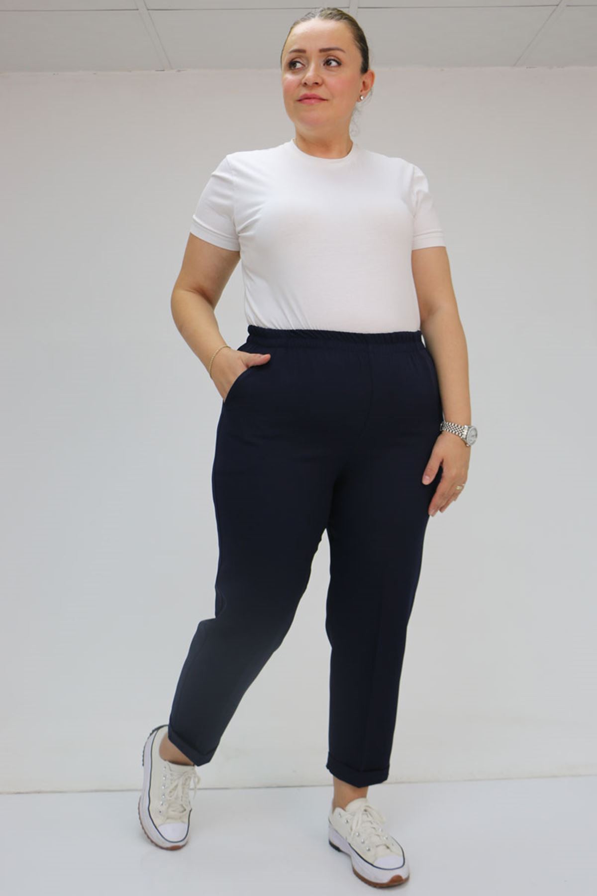 59009 Büyük Beden Beli Lastikli Duble Paça Pantolon - Lacivert