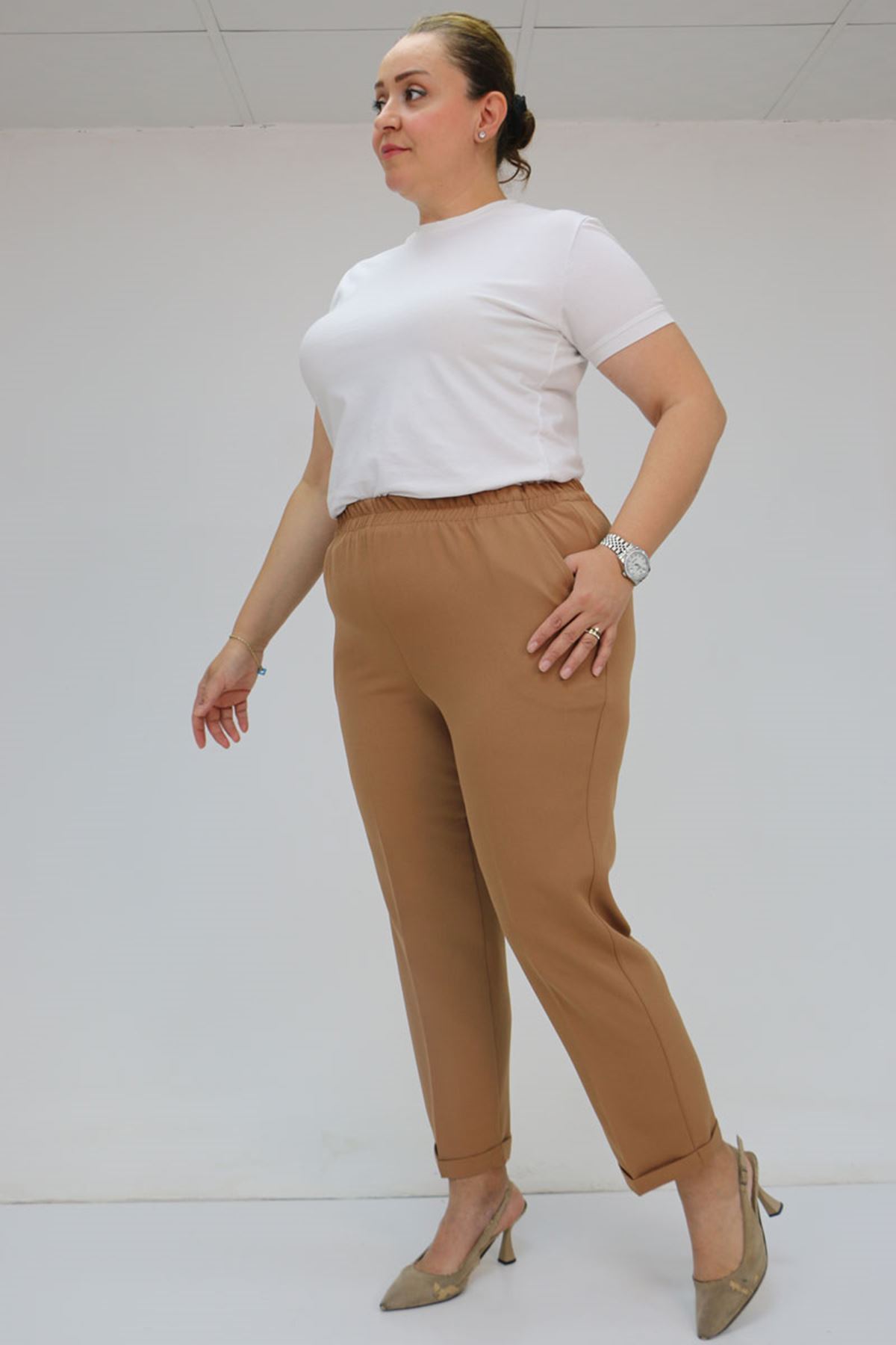 59009 Büyük Beden Beli Lastikli Duble Paça Pantolon - Taba