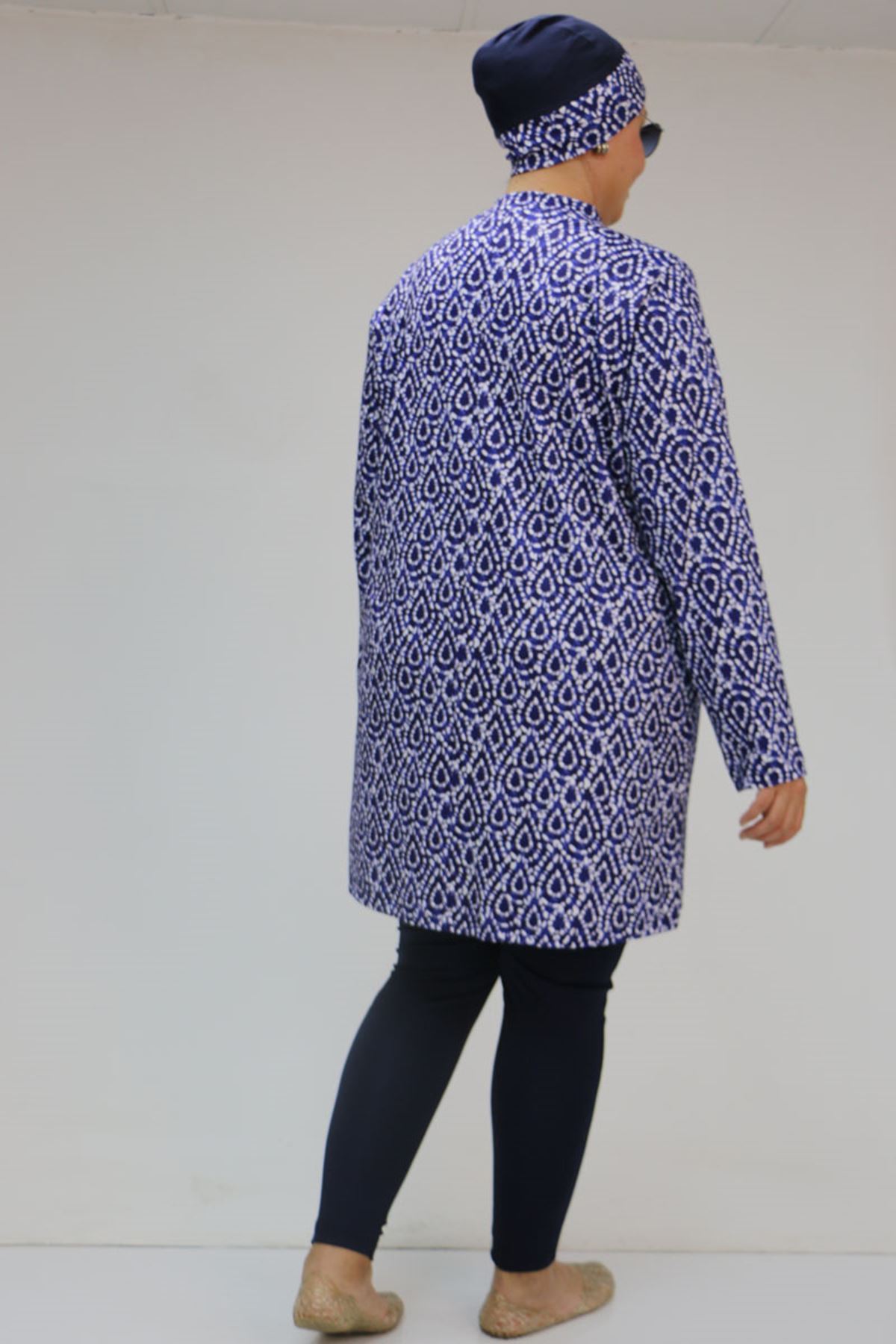 1727 Büyük Beden Uzunkol Tesettür Mayo Takım - Damla Desen Saks