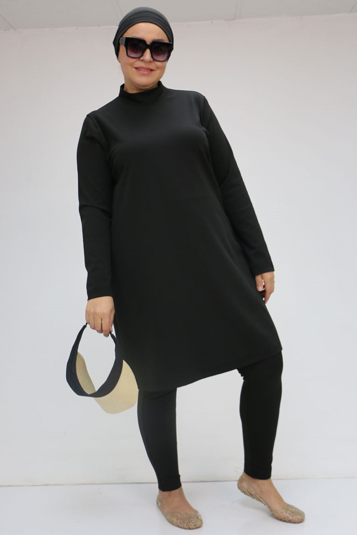 1737 Büyük Beden Uzunkol Tesettür Mayo - Siyah