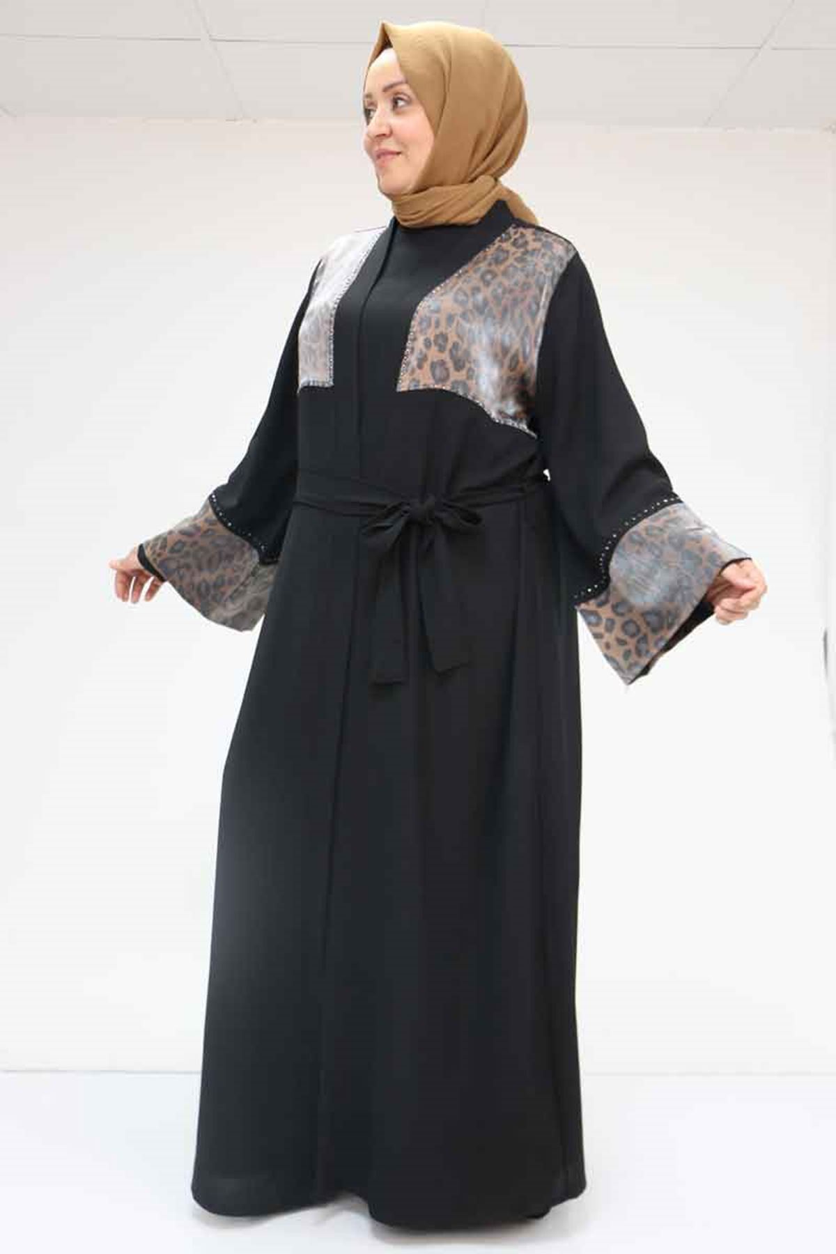 57207 Büyük Beden Garni Detaylı Etamin Elbiseli Abaya - Siyah