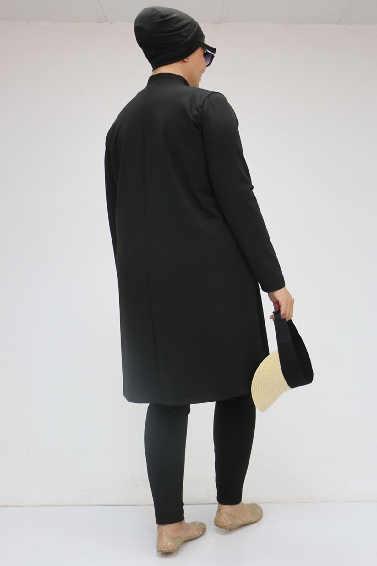 1737 Büyük Beden Uzunkol Tesettür Mayo - Siyah