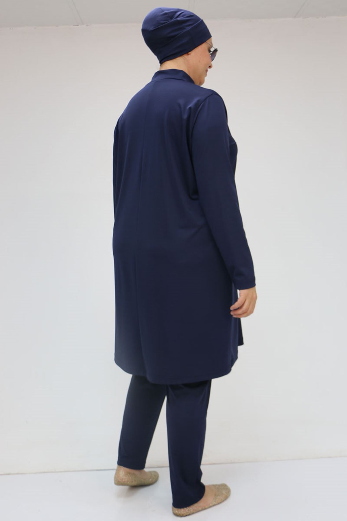 1738 Büyük Beden Uzunkol Tesettür Mayo - Lacivert
