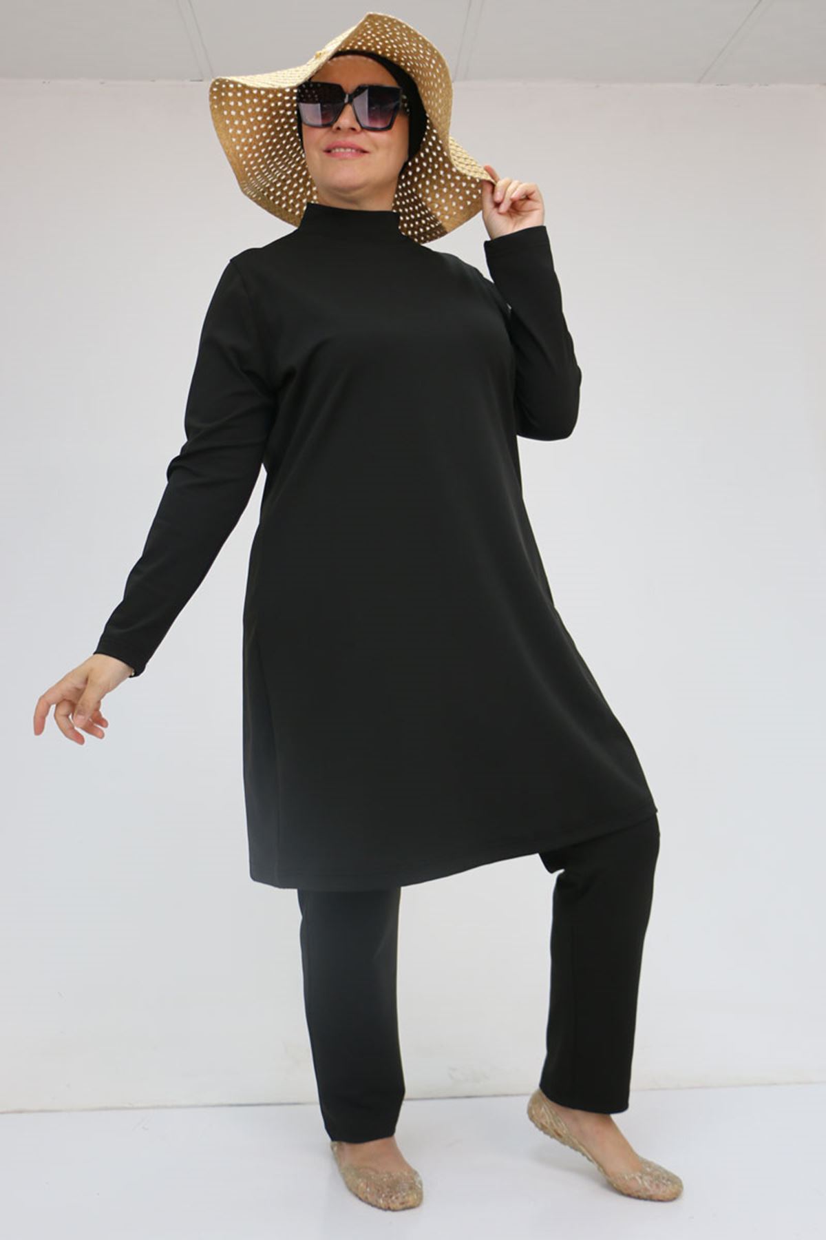 1738 Büyük Beden Uzunkol Tesettür Mayo - Siyah
