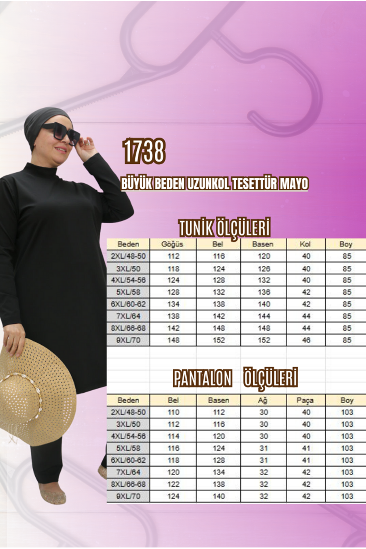 1738 Büyük Beden Uzunkol Tesettür Mayo - Siyah