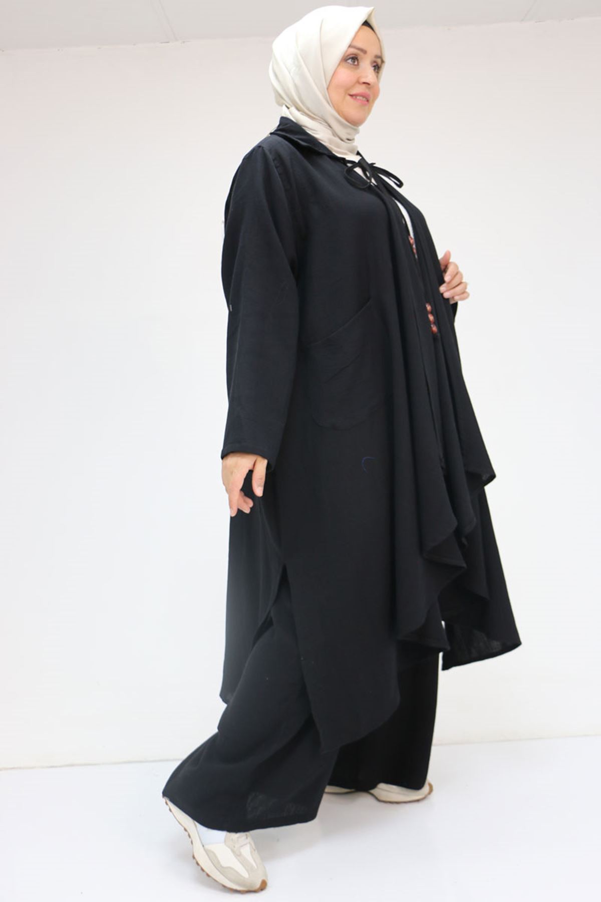 57017 Büyük Beden Torba Cepli Müslin Pantolonlu Takım - Siyah