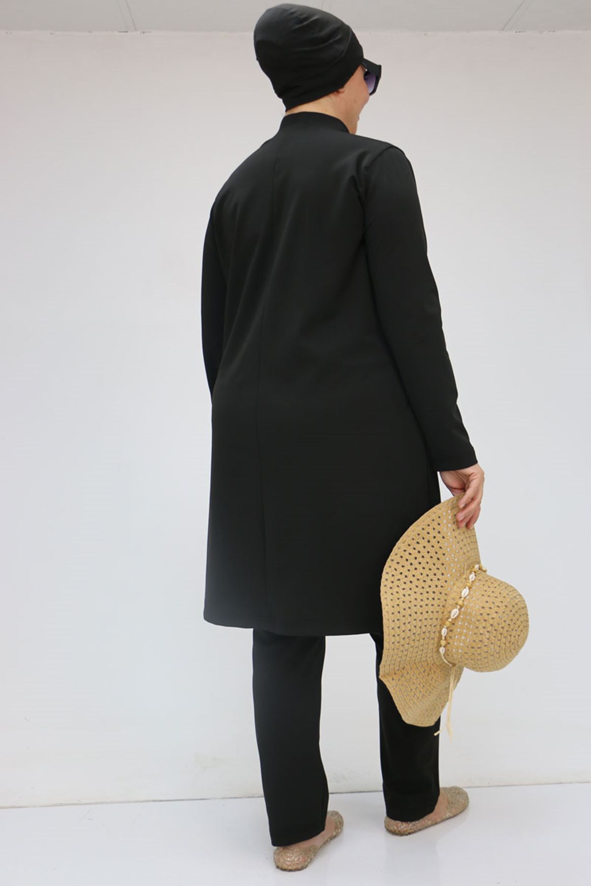 1738 Büyük Beden Uzunkol Tesettür Mayo - Siyah