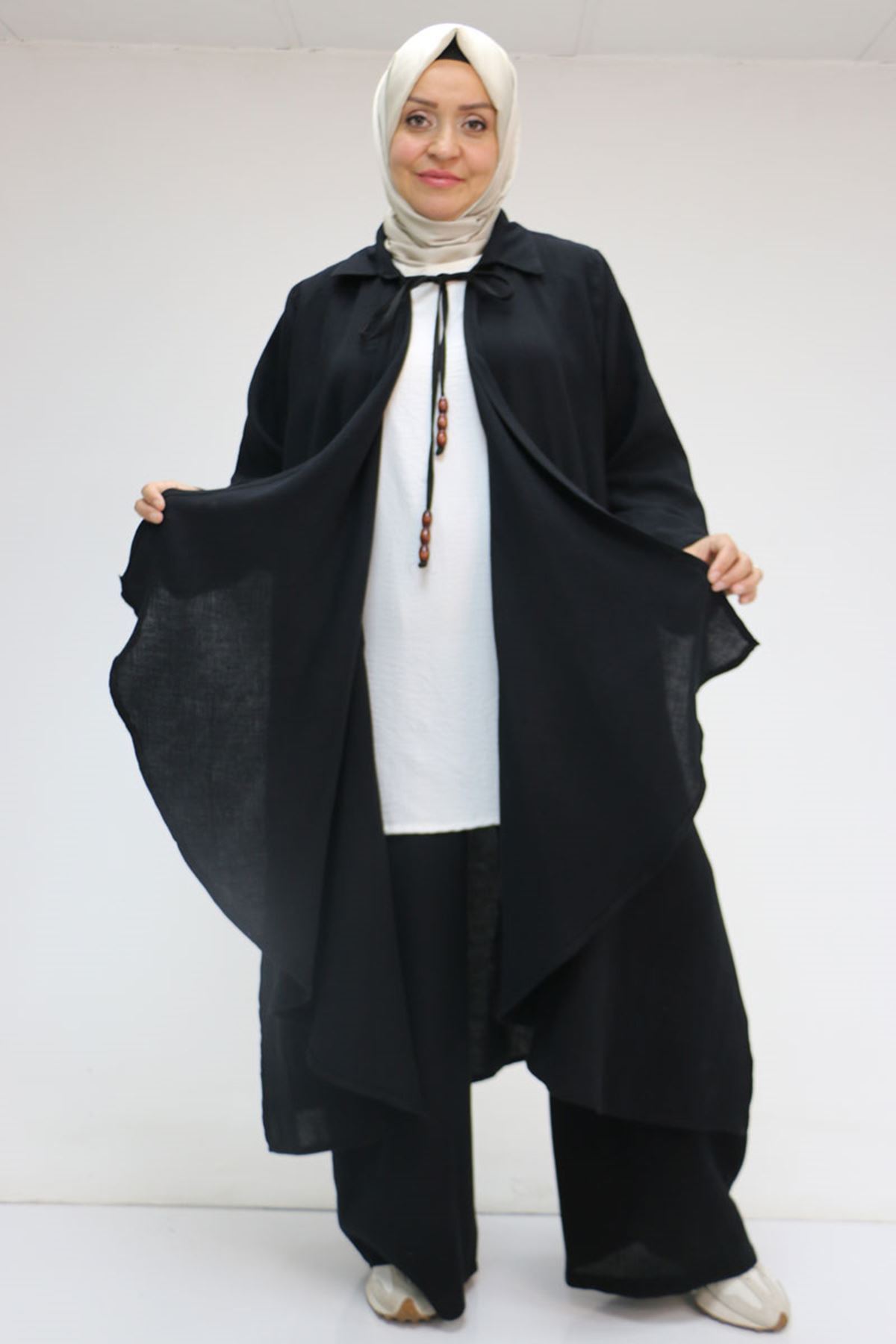 57017 Büyük Beden Torba Cepli Müslin Pantolonlu Takım - Siyah