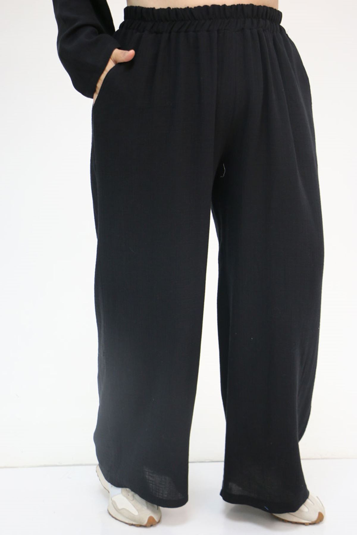 57017 Büyük Beden Torba Cepli Müslin Pantolonlu Takım - Siyah