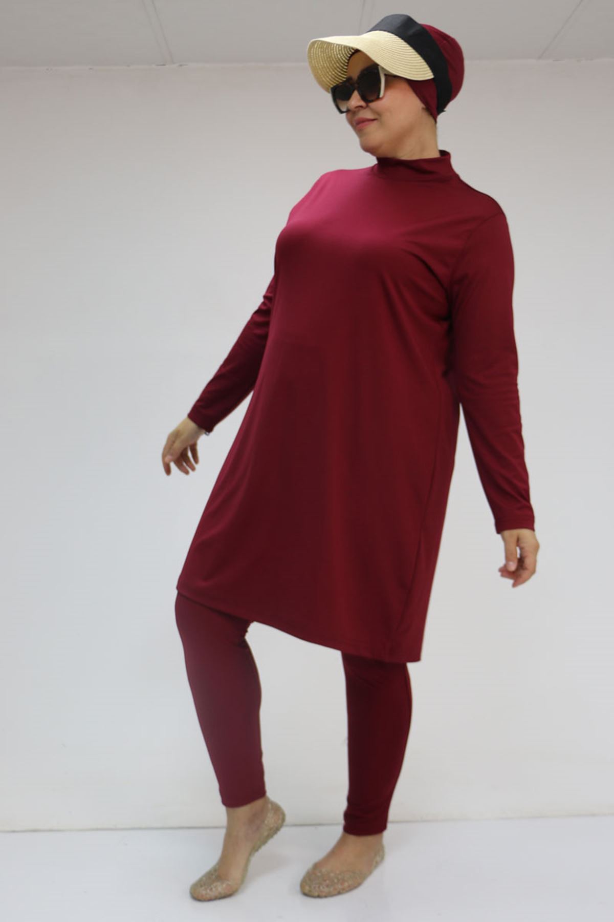 1737 Büyük Beden Uzunkol Tesettür Mayo - Bordo
